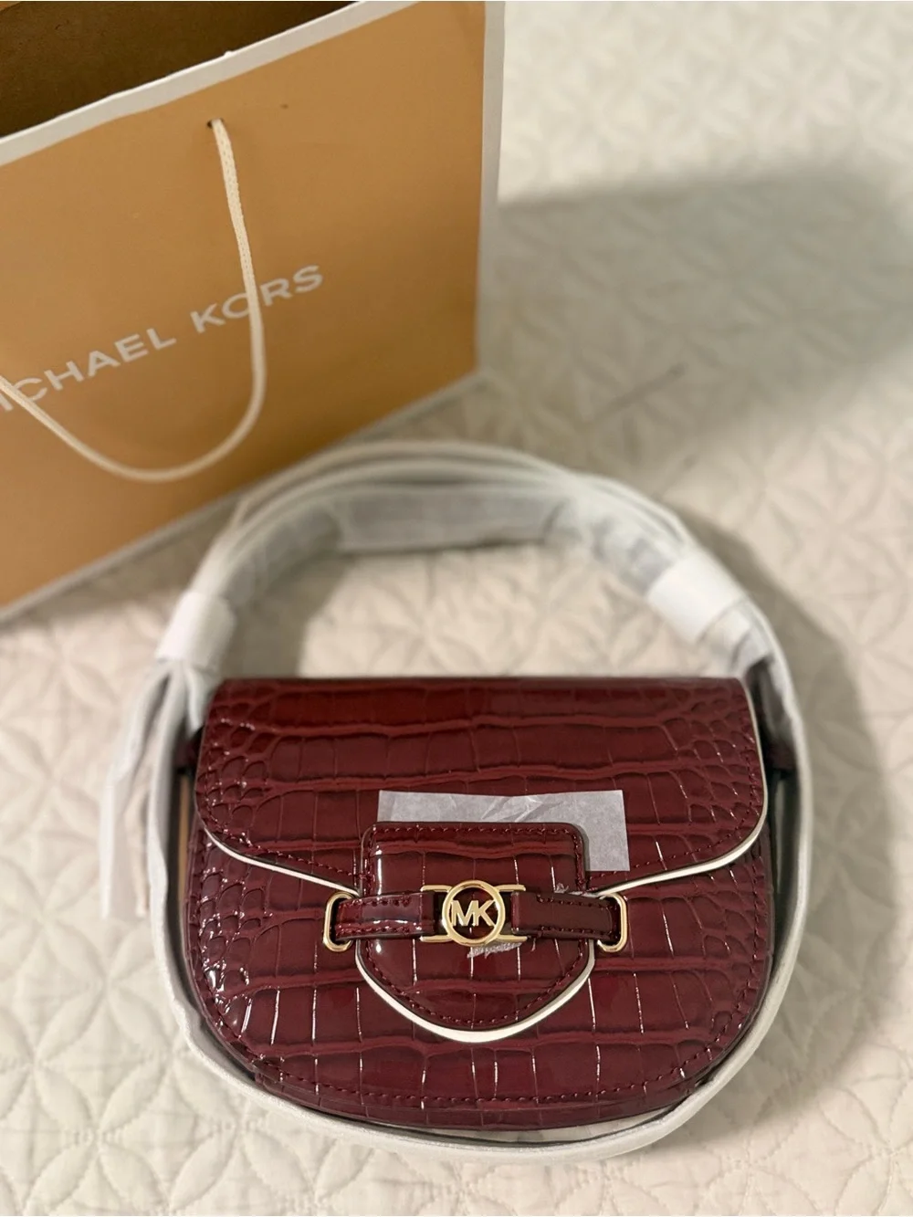 Michael Kors Burgundy Croc-Embossed Saddle Crossbody with Gold Hardware